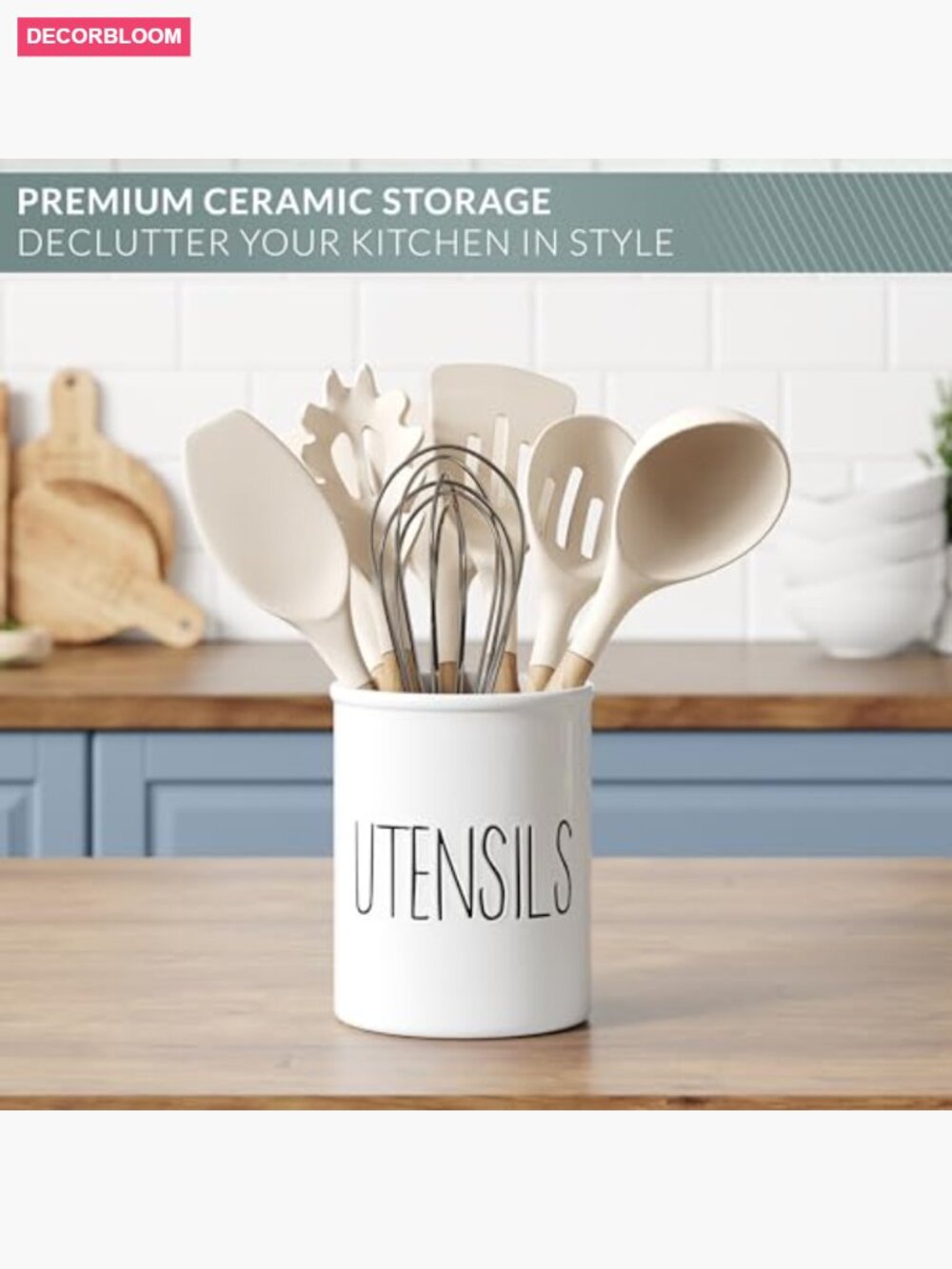 Large Ceramic Utensil Holder for Countertop, Farmhouse Kitchen Crock, Spatula - Picture 6 of 7